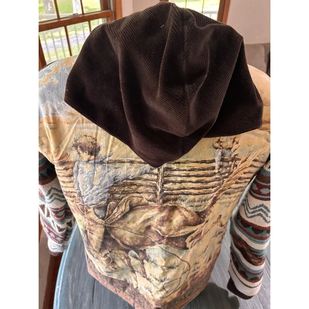 Upcycled Quilt Blanket Hoodie L-XL Handmade Rodeo Cowboy 1:1 Unisex Tapestry NEW - Picture 3 of 4